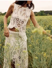 New Hollow Out Two Pieces Dress Set Boho Crochet Elegant Outfits Summer Mujer Knitted Chic Dress Set Vestidos