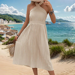 2024 Women'S 2024 Summer Sleeveless Halter Neck Pleated Midi Cocktail Backless Long Dresses a Line Flowy Beach Sun Dress