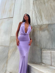 '-2024 Summer New Arrivals Women'S Backless Dress Pleated Halter Neck Dress Chic Commuter Evening Dress