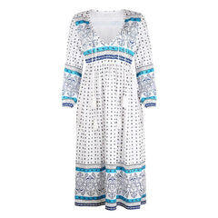 Dress for Women Deep V Print Long Sleeve Dress Summer Street Style Casual Dresses Vestido Midi Elegante Платье Женское