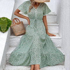 Evening Dress Women Summer Casual Short Flutter Sleeve round Neck Smocked Waist Tiered Boho Floral Flowy Maxi Dress