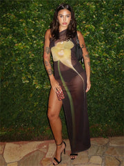 Summer Black Sexy See through Long Dresses Beach Party Outfit for Woman 2024 One Shoulder Splits Dress Fashion Ins Dress