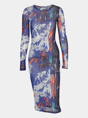 Sexy Blue Printed Midi Dress Vacation Clothing for Women 2024 Summer Mesh Bodycon Maxi Dress Ladies See through Dresses