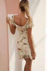 Linka Drawstring Detail Cut-Out Dress Watercolor Print Green