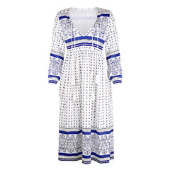 Dress for Women Deep V Print Long Sleeve Dress Summer Street Style Casual Dresses Vestido Midi Elegante Платье Женское