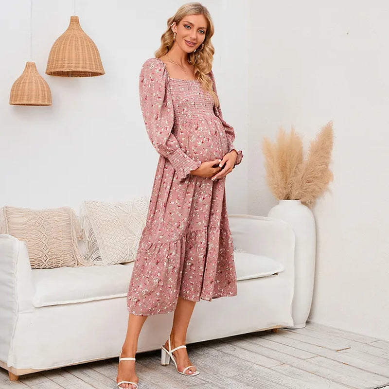 Women'S Chiffon Long Dresses New Pregnant Dresses Vintage Women Fragmented Flower Printing Clothes Spring Summer Dress