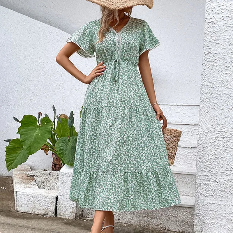 Evening Dress Women Summer Casual Short Flutter Sleeve round Neck Smocked Waist Tiered Boho Floral Flowy Maxi Dress