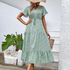 Evening Dress Women Summer Casual Short Flutter Sleeve round Neck Smocked Waist Tiered Boho Floral Flowy Maxi Dress
