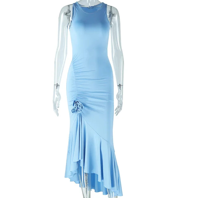Women Clothing Offers Beach Cover up Cheap Casual Dress Solid Color Halter Neck Sleeveless Flowers Decorated Irregular Spandex