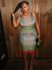 Summer Green Print Vintage Midi Dresses Party Clubwear for Women 2024 Sleeveless O-Neck Bodycon Casual Holiday Vestidos