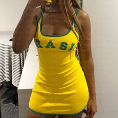 Sexy Mini Dress Women Brasil Printing Backless Spaghetti Strap Slim Short Dresses Casual Yellow Summer Fashion Sleeveless Dress
