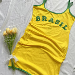Sexy Mini Dress Women Brasil Printing Backless Spaghetti Strap Slim Short Dresses Casual Yellow Summer Fashion Sleeveless Dress