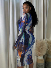 Sexy Blue Printed Midi Dress Vacation Clothing for Women 2024 Summer Mesh Bodycon Maxi Dress Ladies See through Dresses