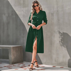 2022 Autumn New Fashion Long Dress Single Breasted Belt Long Sleeve Dresses Office Lady Turn-Down Collar Solid Women Clothing