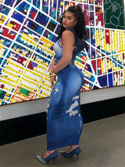 Spring Blue Denim Print Long Dress Party Outfits for Women 2024 Sleeveless Bodycon Maxi Dress Ladies Fashion Club Dresses