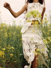 New Hollow Out Two Pieces Dress Set Boho Crochet Elegant Outfits Summer Mujer Knitted Chic Dress Set Vestidos