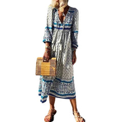Dress for Women Deep V Print Long Sleeve Dress Summer Street Style Casual Dresses Vestido Midi Elegante Платье Женское