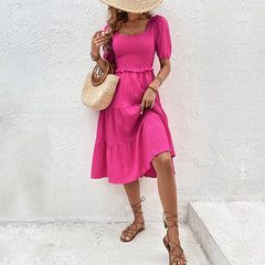 Women'S 2024 Summer Boho Puff Sleeve Solid Color Ruffle Beach Party Tiered Midi Dress with Pockets Back Hollowed Out Bow