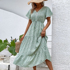 Evening Dress Women Summer Casual Short Flutter Sleeve round Neck Smocked Waist Tiered Boho Floral Flowy Maxi Dress