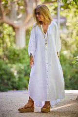2024 Women'S Fashion Solid Color Maxi Dress Cotton and Linen Button down Oversized Dresses Casual Overall Kaftan Vestidos