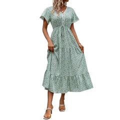 Evening Dress Women Summer Casual Short Flutter Sleeve round Neck Smocked Waist Tiered Boho Floral Flowy Maxi Dress